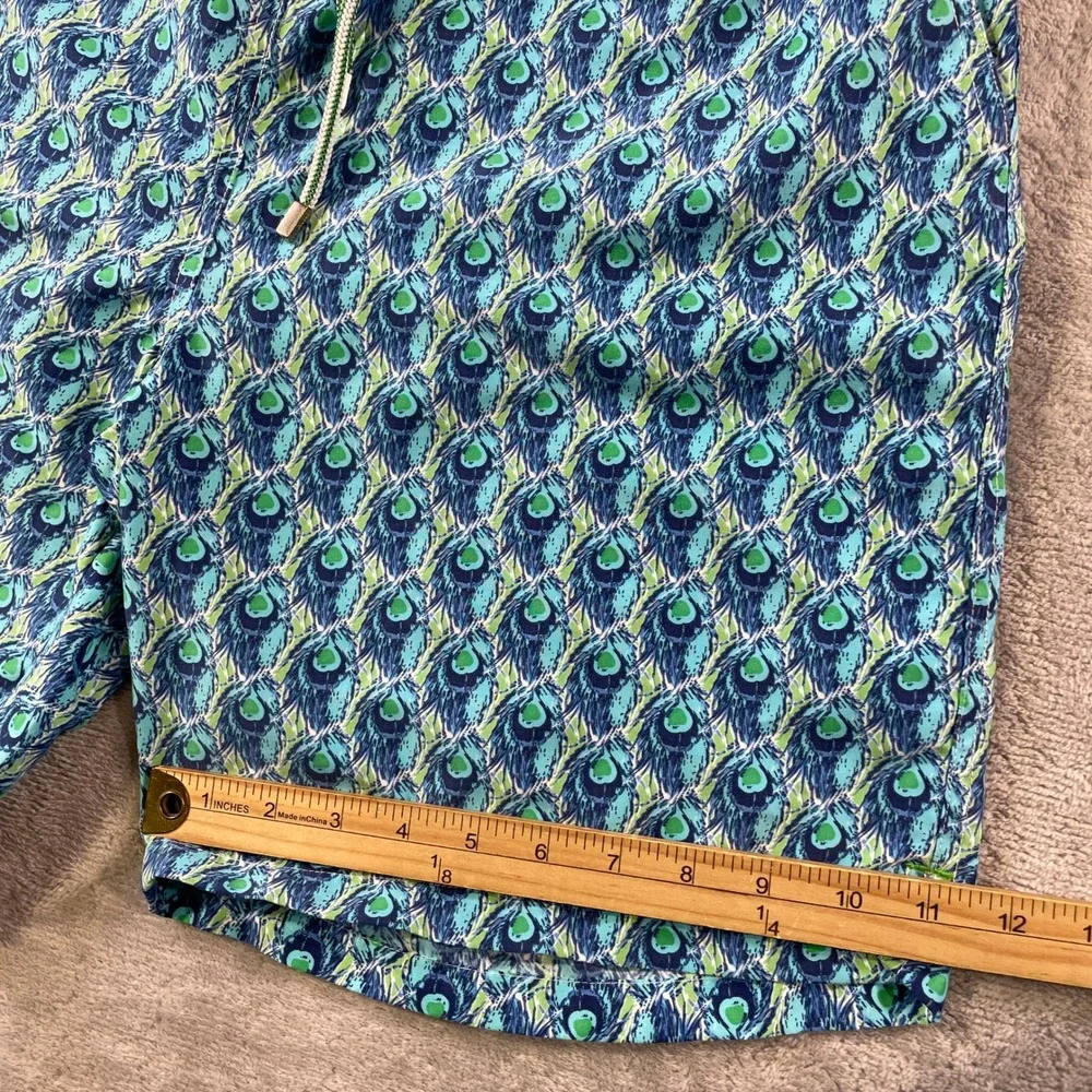 Peter Millar Swim Trunks Mens Medium Blue Green Peacock Feather Lined Summer
